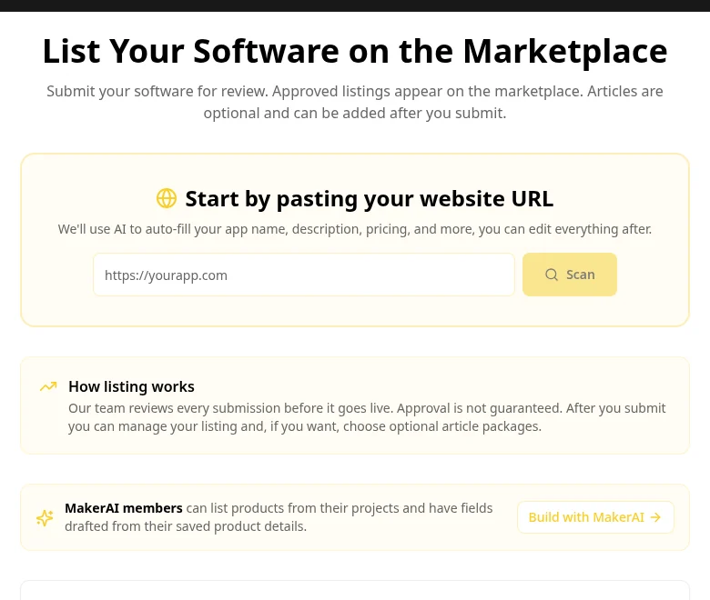 MakerAI Marketplace submit page with the heading List Your Software on the Marketplace, a box to paste your website URL, and a note that every submission is reviewed