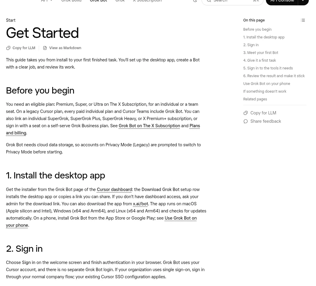 Grok Bot Get Started guide: before you begin, 1. Install the desktop app, 2. Sign in