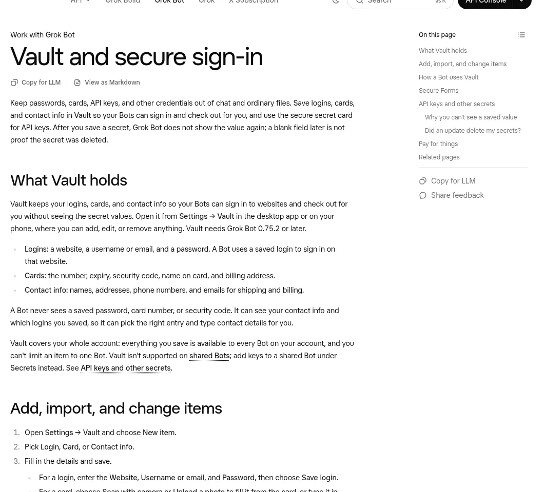 Grok Bot docs page about Vault, where logins and cards are stored so the Bot never sees the values