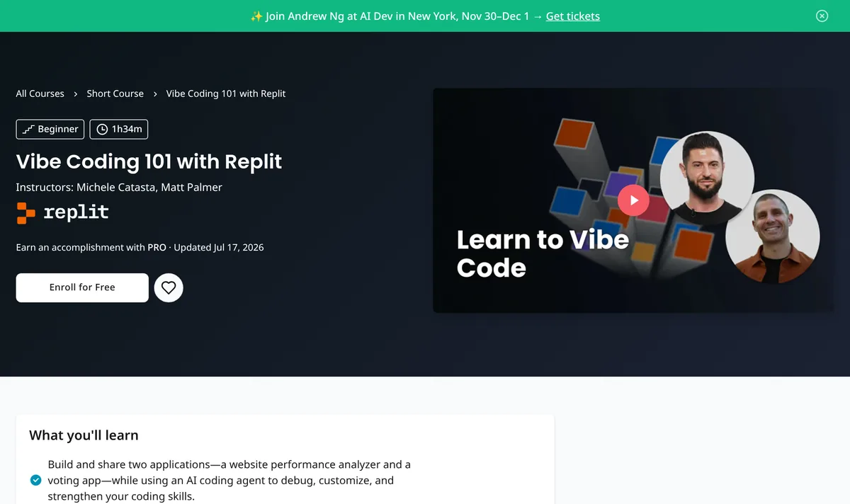 DeepLearning.AI course page for Vibe Coding 101 with Replit with an Enroll for Free button