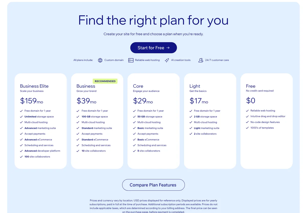 Wix plans page, Find the right plan for you: Business Elite $159, Business $39, Core $29, Light $17 a month, and Free $0, with a note that prices are for yearly subscriptions