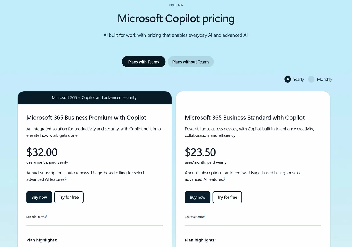 Microsoft Copilot pricing for small business: Microsoft 365 Business Premium with Copilot at $32.00 and Business Standard with Copilot at $23.50 per user a month, paid yearly