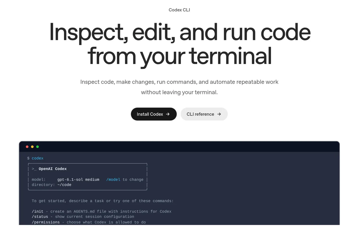 OpenAI Codex CLI docs page: Inspect, edit, and run code from your terminal, with a sample terminal showing the codex command and the /init, /status, and /permissions commands