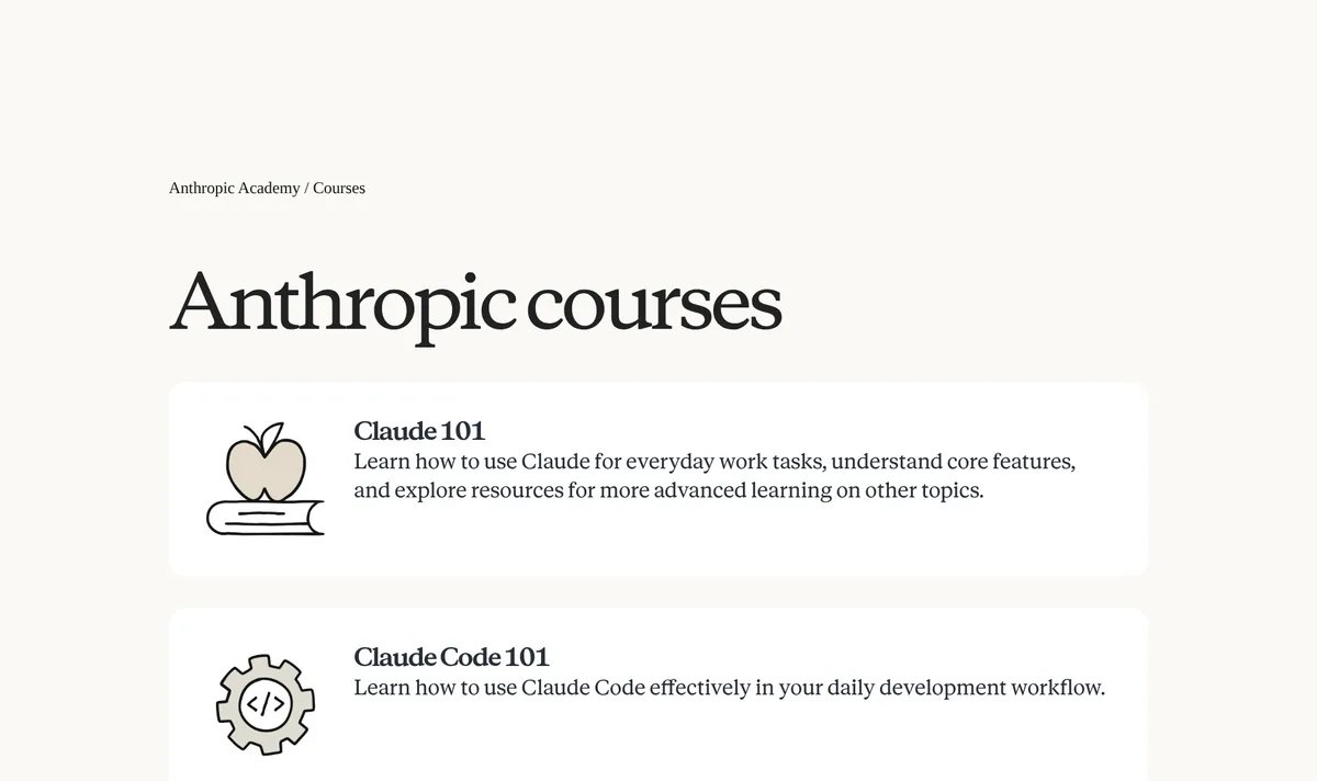 Anthropic courses page on Skilljar listing Claude 101 and Claude Code 101