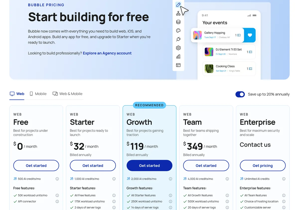 Bubble pricing page for web apps: Free $0, Starter $32, Growth $119, and Team $349 a month billed annually