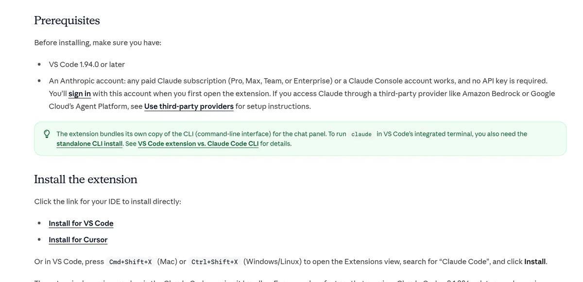 Claude Code VS Code docs: prerequisites of VS Code 1.94.0 or later and an Anthropic account, then install links