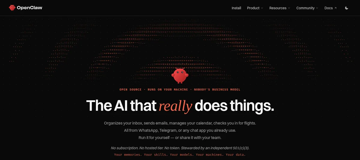 The OpenClaw home page: The AI that really does things, an open source assistant you run yourself