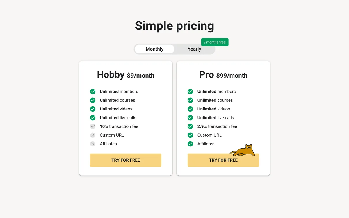 Skool pricing page with Monthly selected: Hobby $9 a month with a 10% transaction fee, and Pro $99 a month with a 2.9% transaction fee