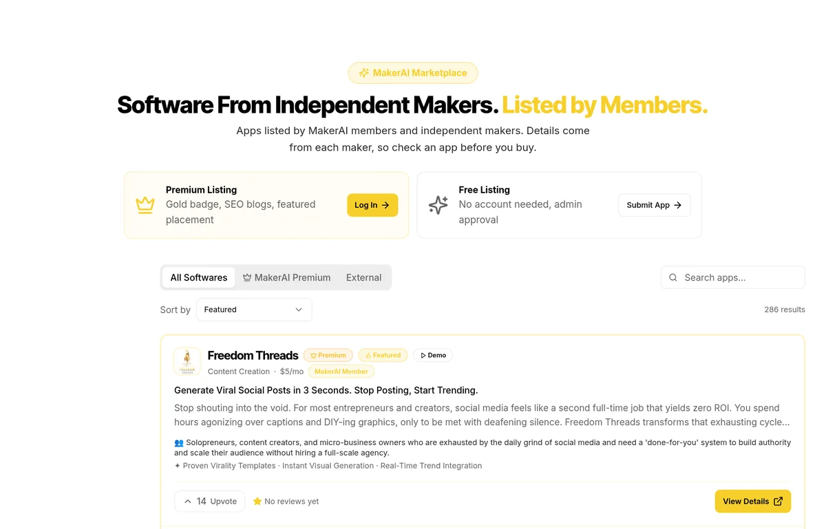 MakerAI Marketplace page listing software built by MakerAI members and independent makers