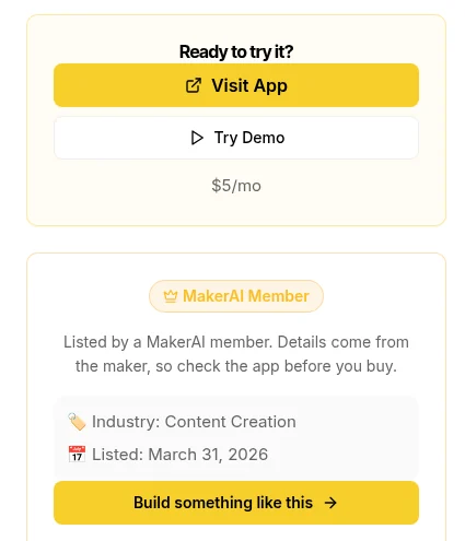 Freedom Threads listing sidebar on the MakerAI Marketplace with Visit App and Try Demo buttons, a 5 dollar per month price, a MakerAI Member badge, and a Listed March 31, 2026 date