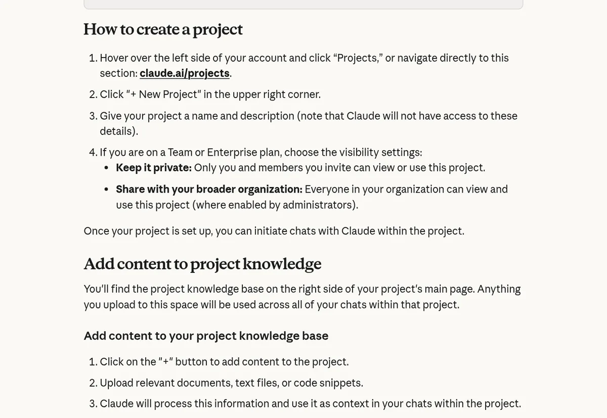 Claude help article section How to create a project, with four steps, then Add content to project knowledge