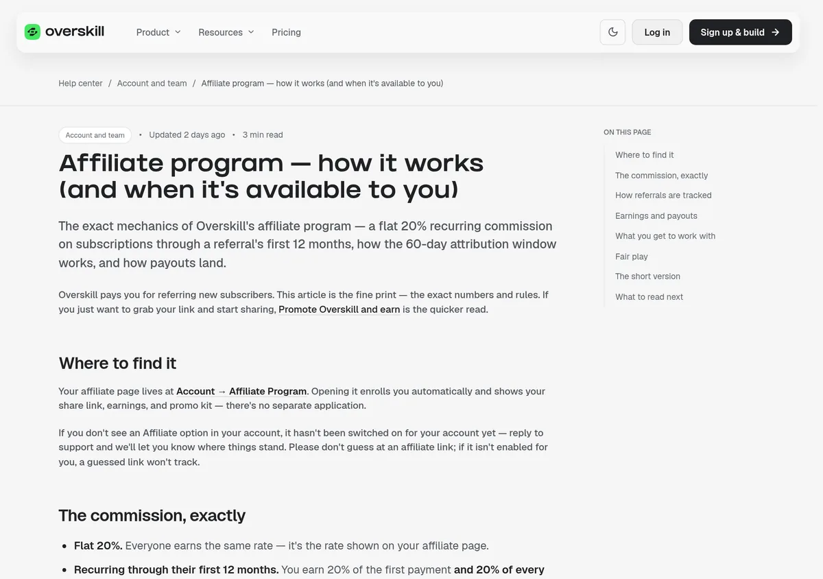 Overskill help article explaining the affiliate program, where to find it, and the flat 20% commission