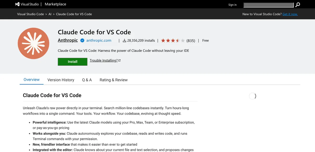 Visual Studio Marketplace listing for Claude Code for VS Code by Anthropic, marked Free, with an Install button