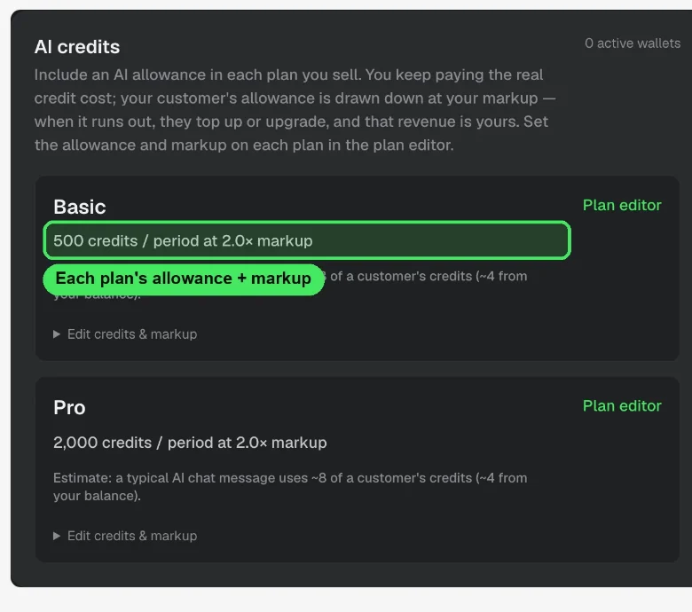 Overskill help article image of the AI credits panel showing a Basic plan with 500 credits per period at 2.0x markup and a Pro plan with 2,000 credits at 2.0x
