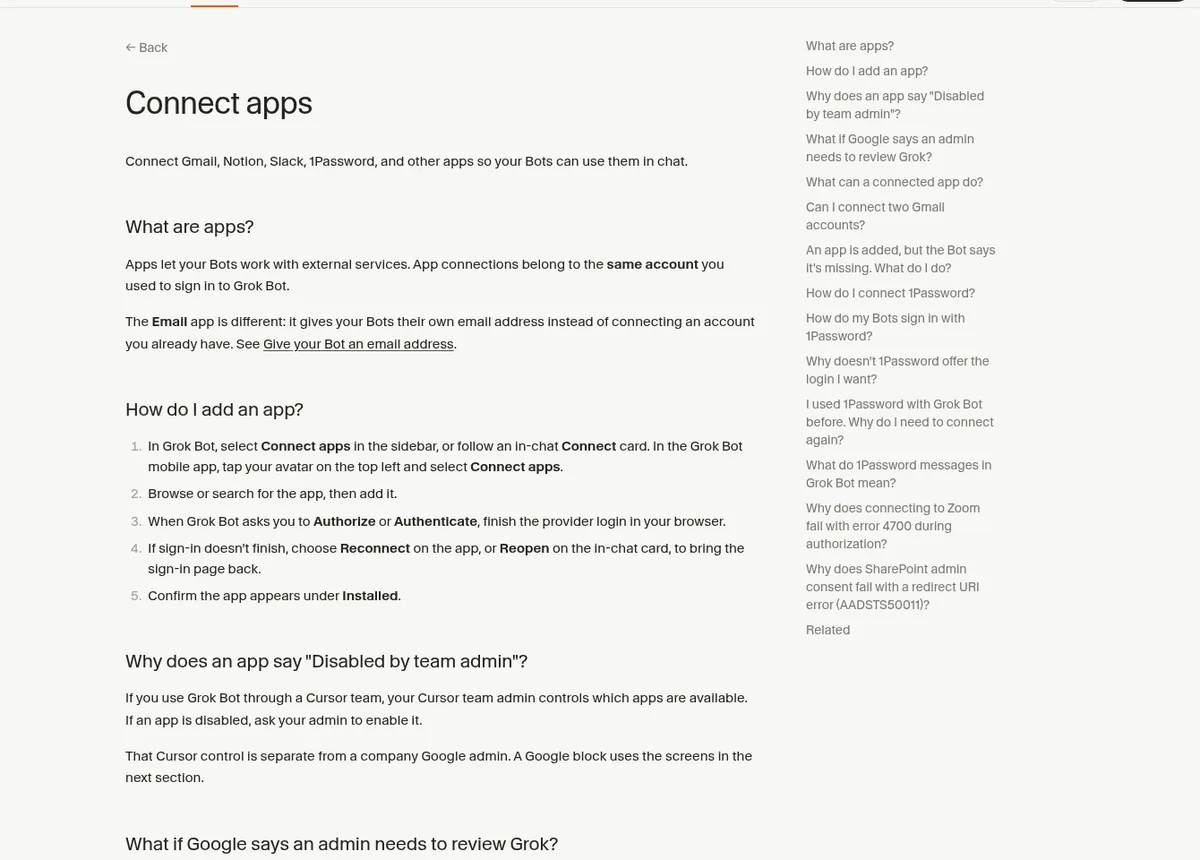Grok Bot help center page Connect apps: connect Gmail, Notion, Slack, 1Password and other apps
