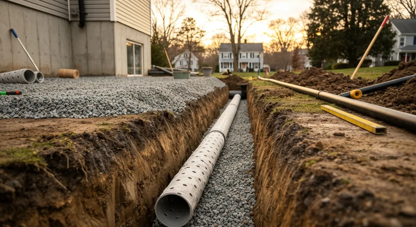 French drain installation for foundation protection