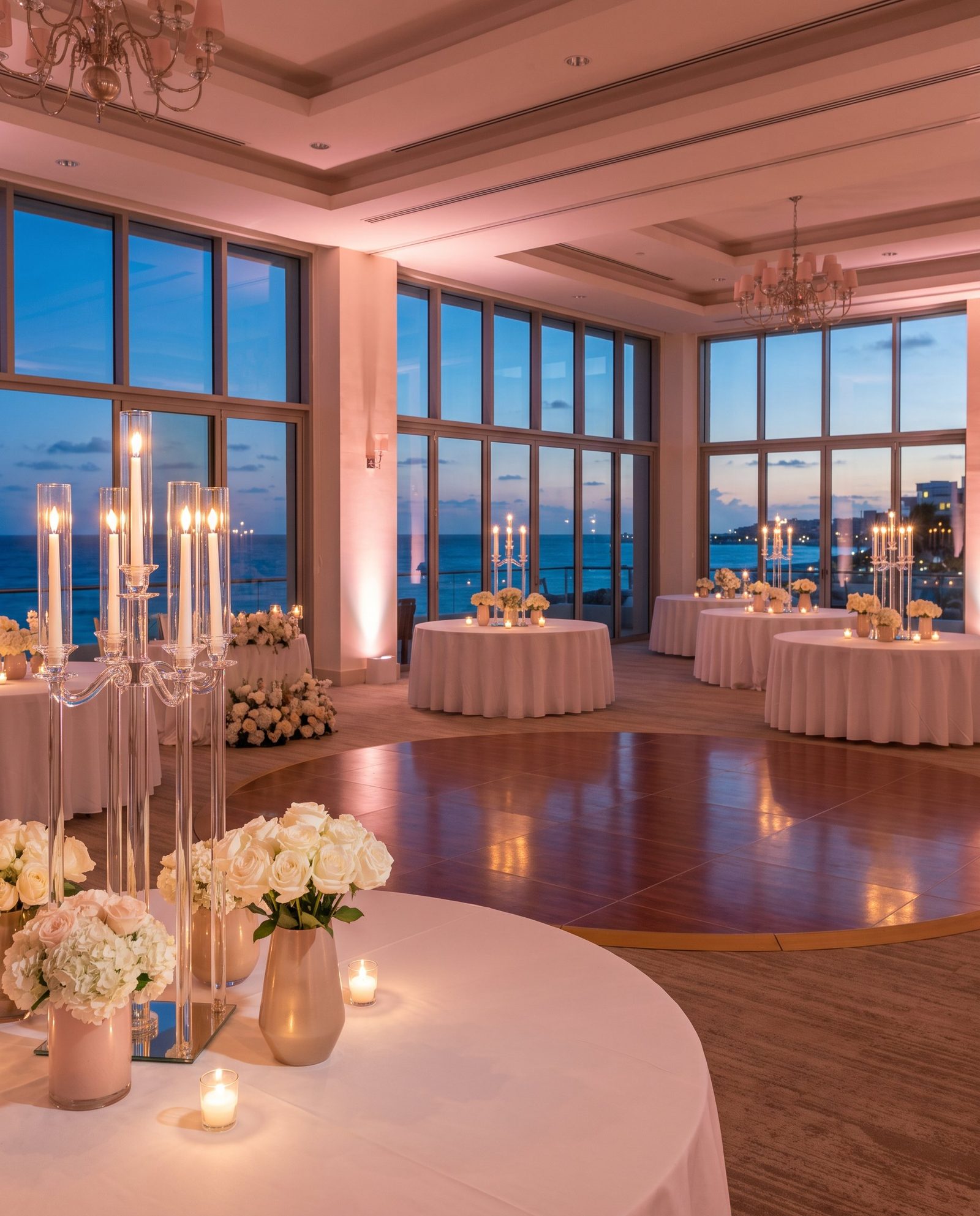 A candlelit resort ballroom with ocean views set for a wedding reception