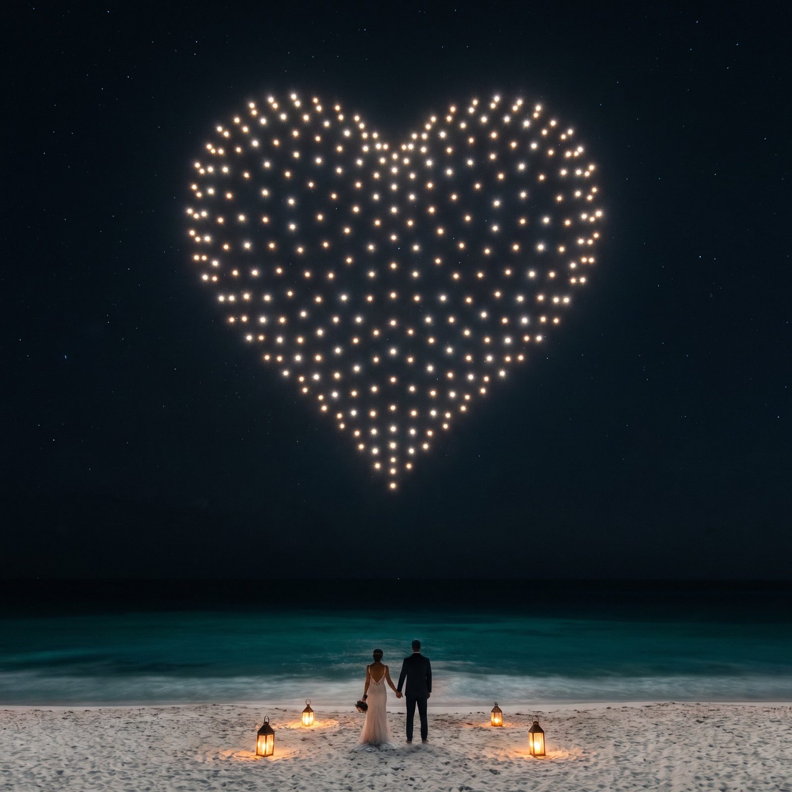 Drones over a beach in Tulum at night