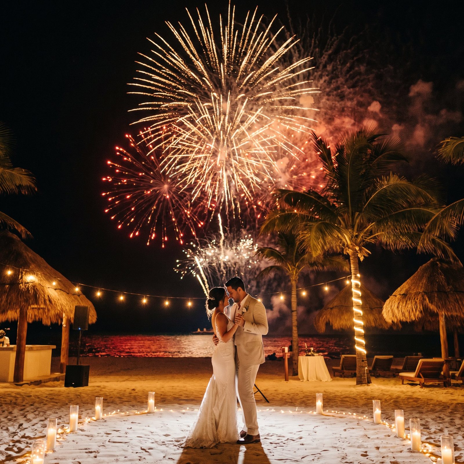 A couple dancing on the beach under fireworks