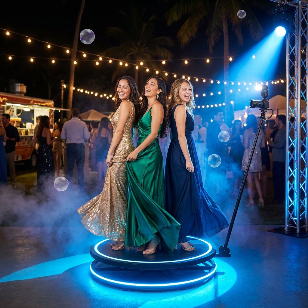 Tres invitadas posando sobre la plataforma iluminada de la cabina 360° en una recepción de noche