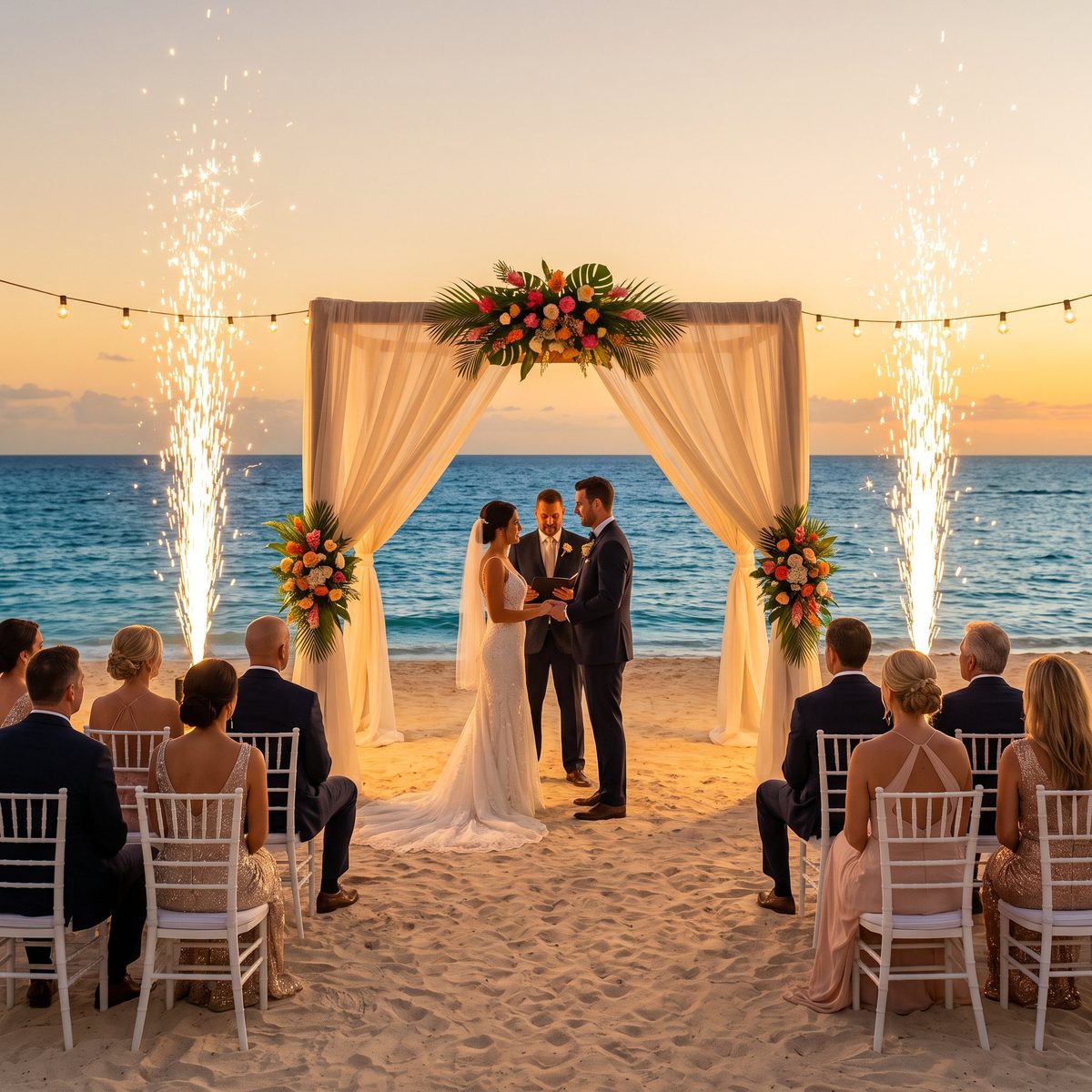 A beach wedding ceremony under a floral arch