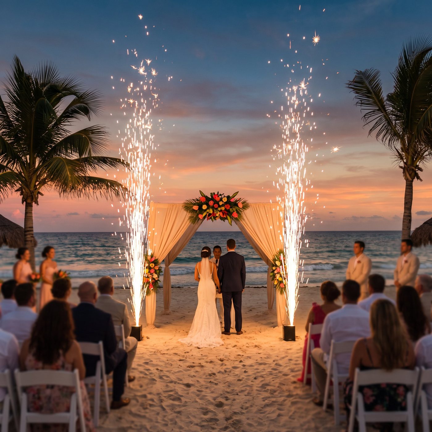 Cold spark fountains on both sides of a beach wedding altar at sunset