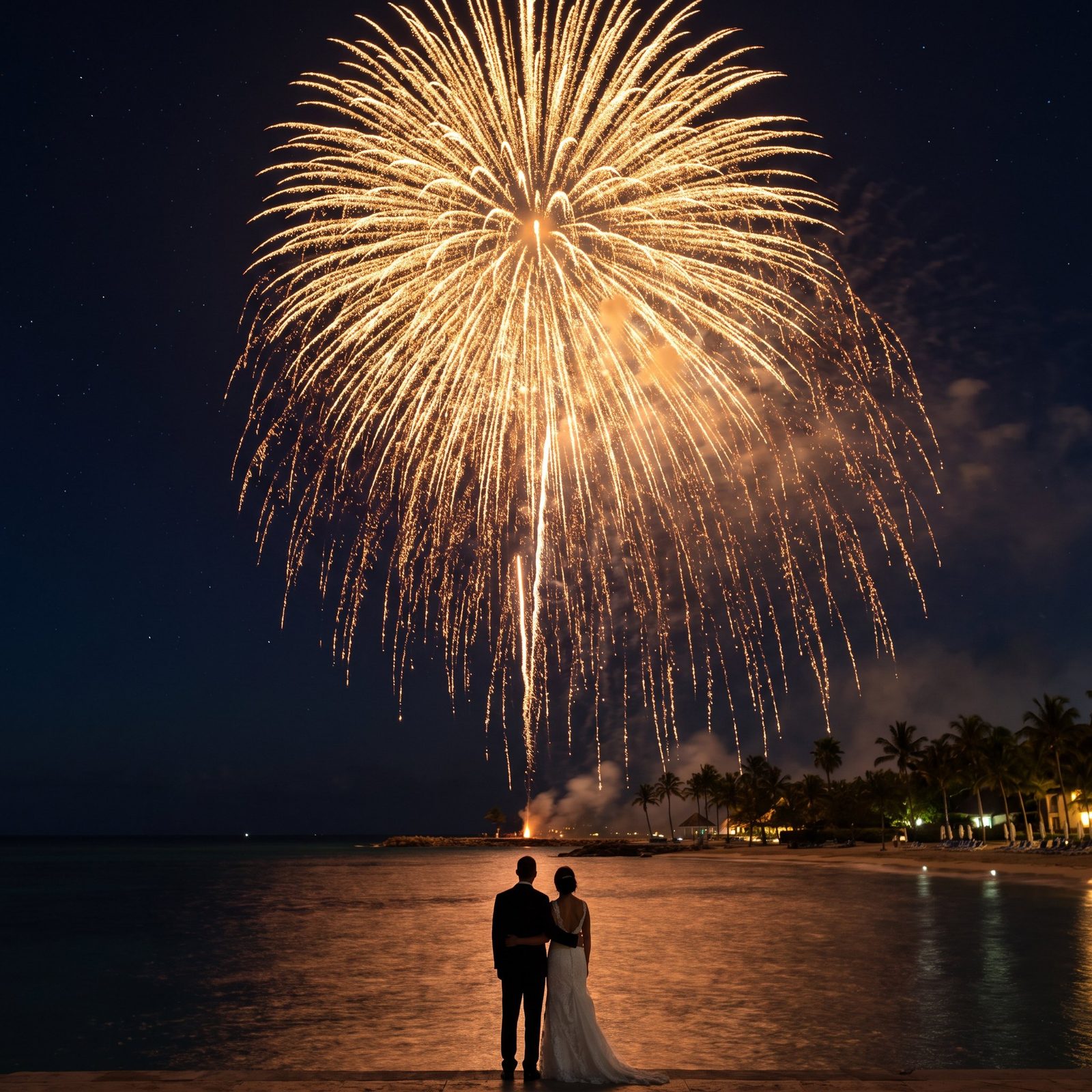 A couple seen from behind watching a golden fireworks finale over the sea