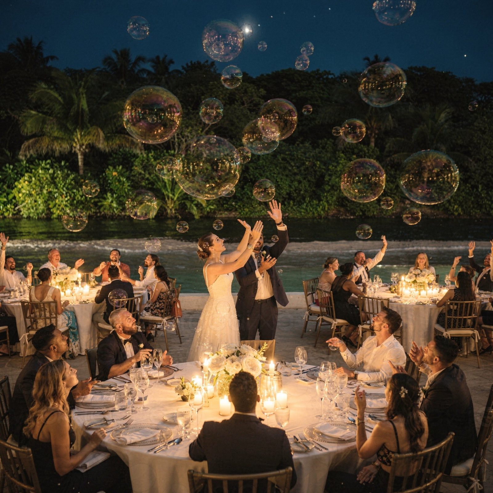 Burbujas flotando sobre los invitados y la novia en una recepción junto al agua de noche