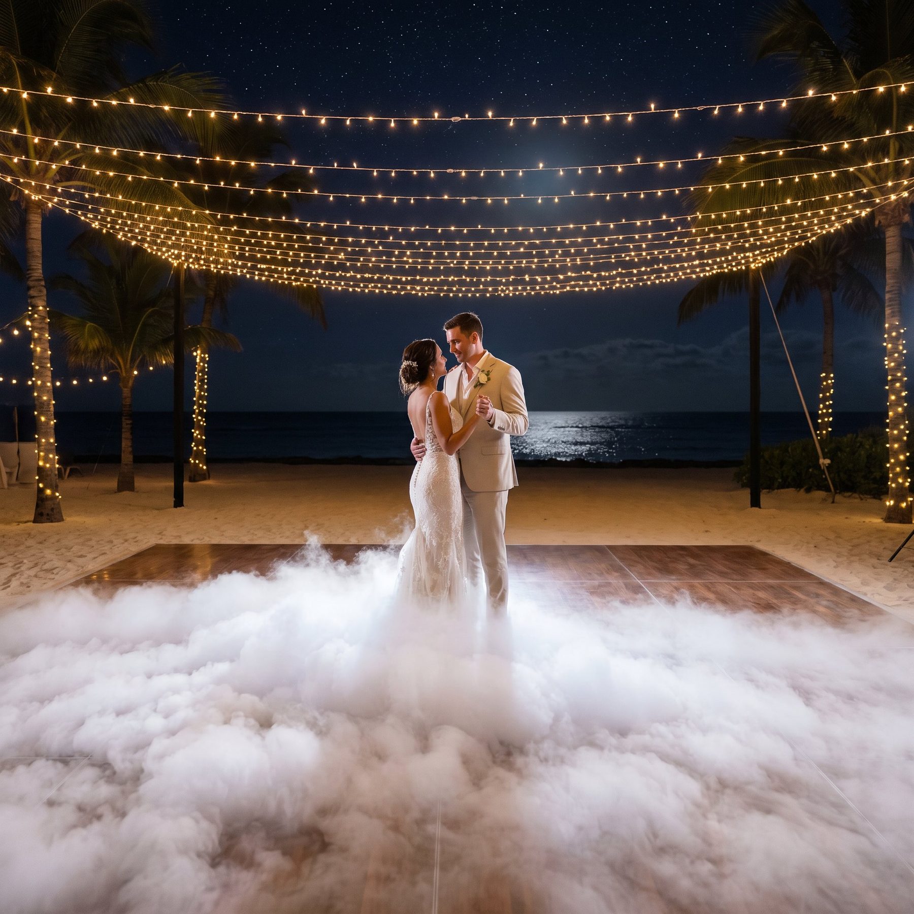 A bride and groom dancing on a cloud of low fog on a beach at night