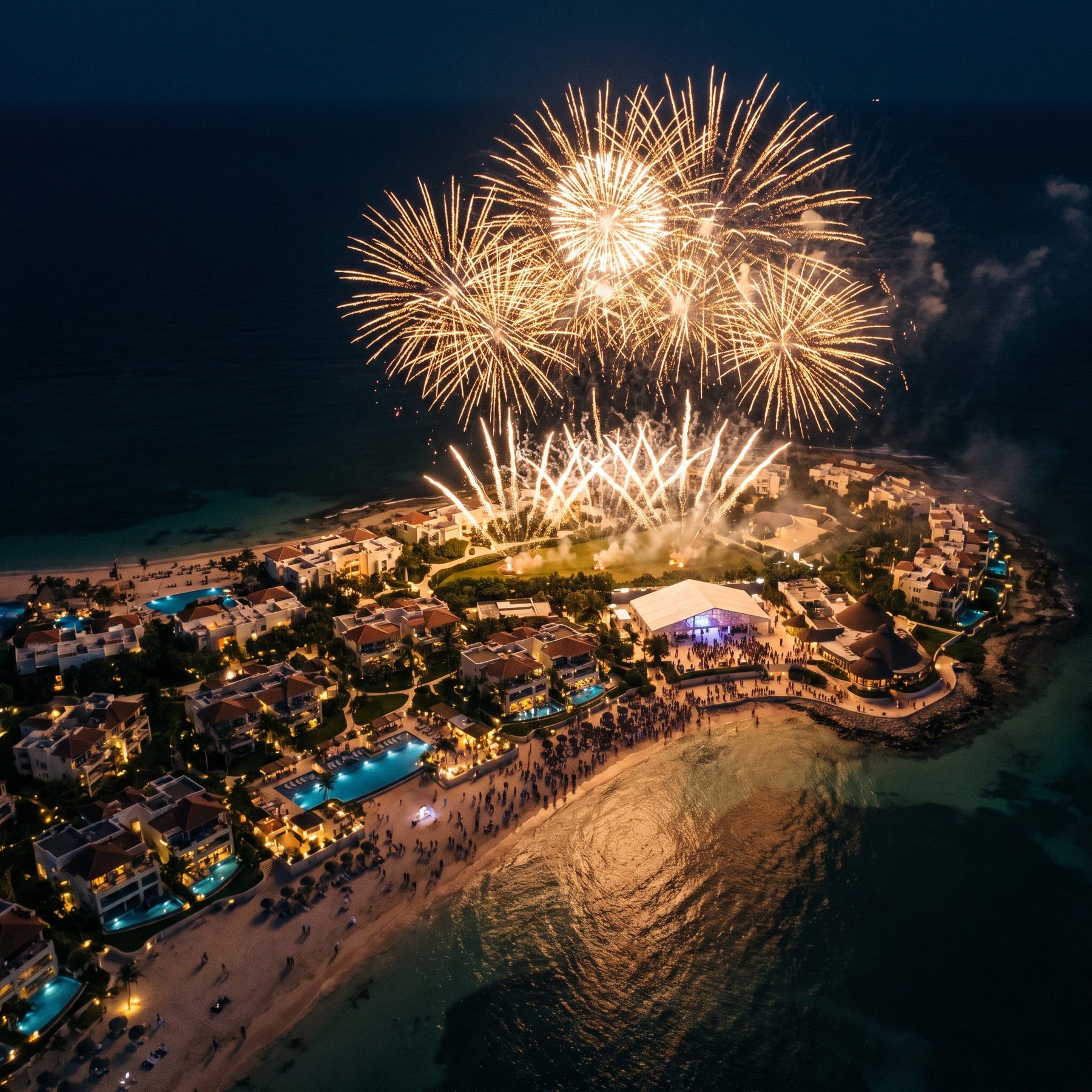 Aerial view of fireworks over a beachfront resort on the Caribbean coast