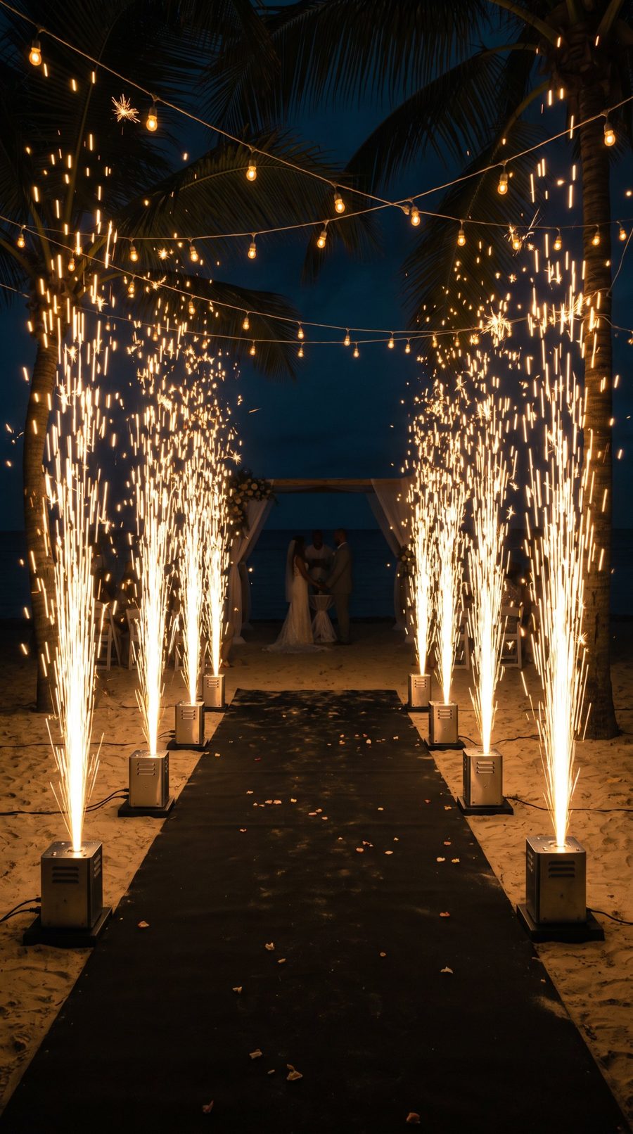 Dos filas de chisperos formando un pasillo de luz en la playa de noche