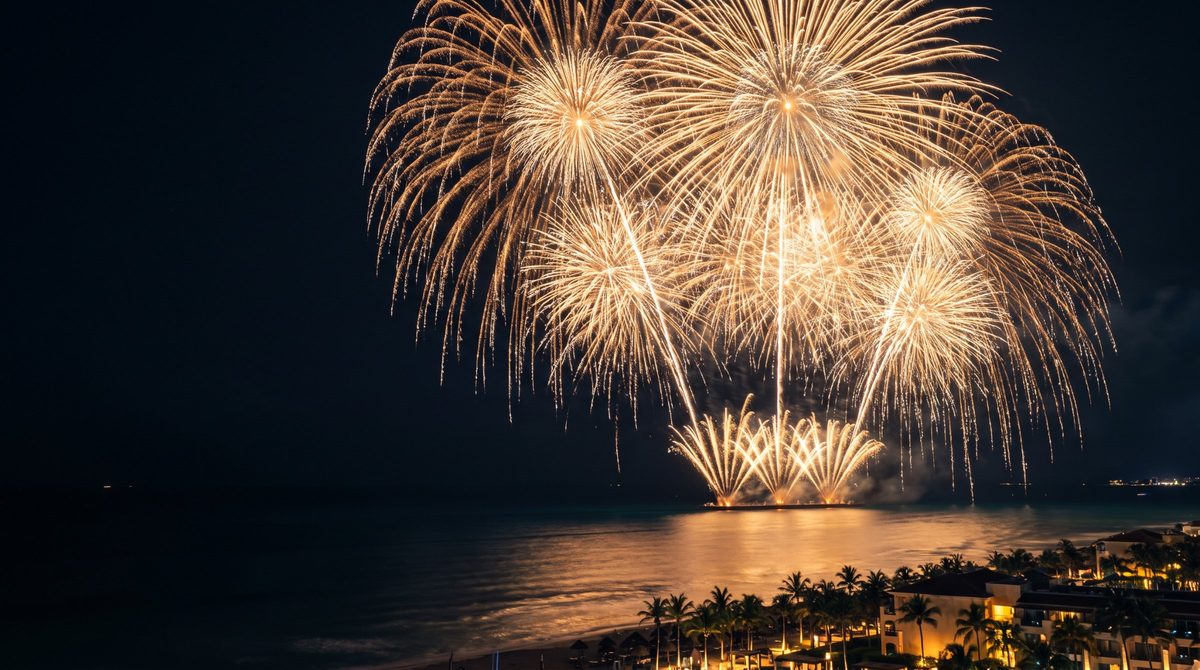 Golden fireworks bursting over the sea at night