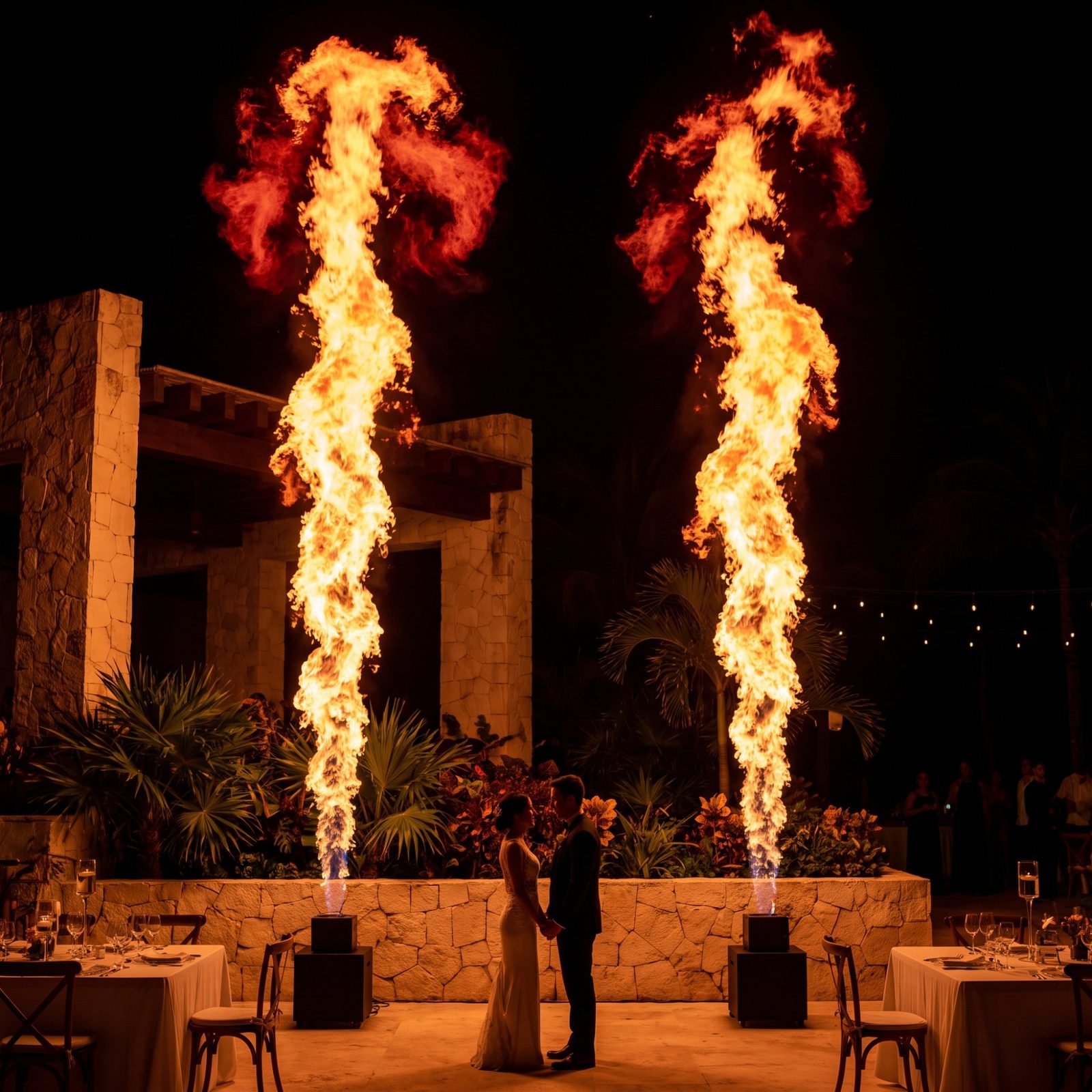 Columnas de fuego de máquinas de llamaradas a los lados de una pareja en una recepción al aire libre de noche