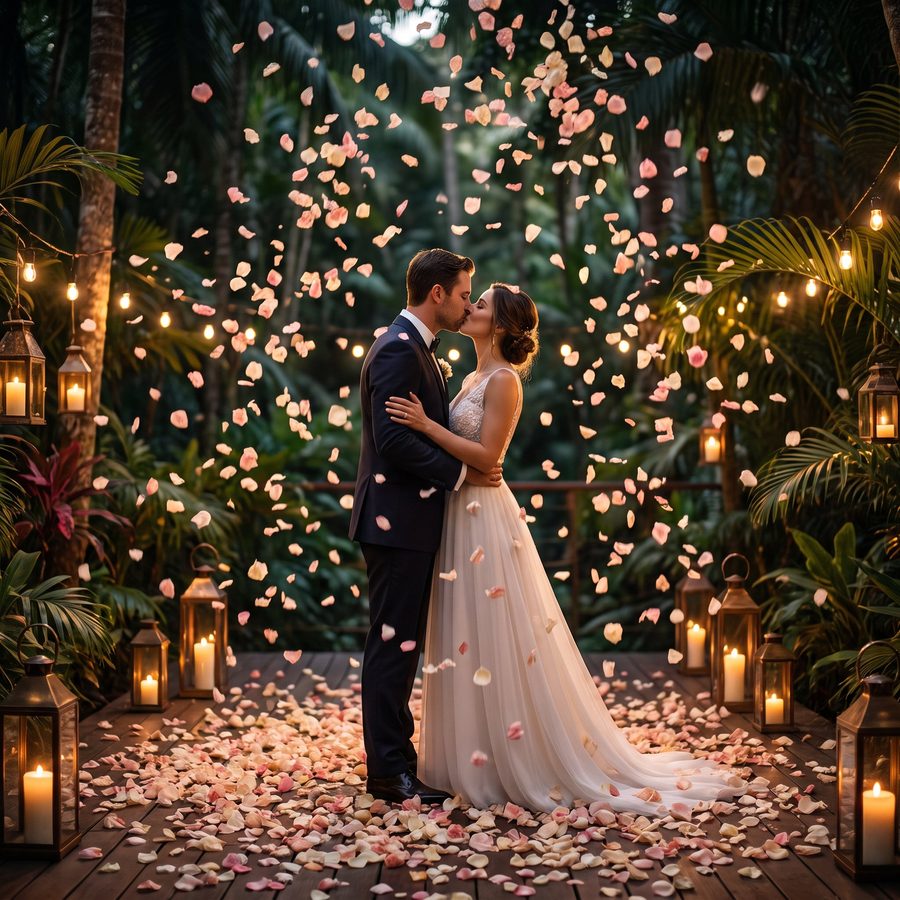 Rose petals falling around a couple in a garden