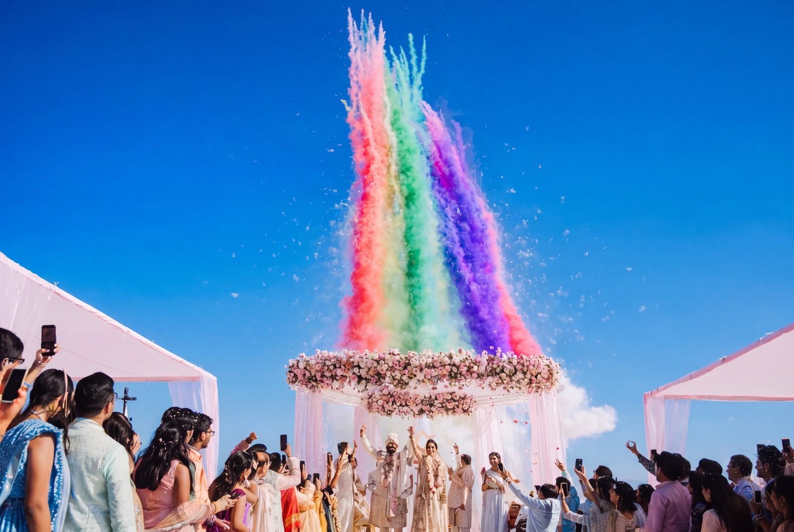 Clouds of rainbow color powder over a South Asian wedding celebration at a real wedding