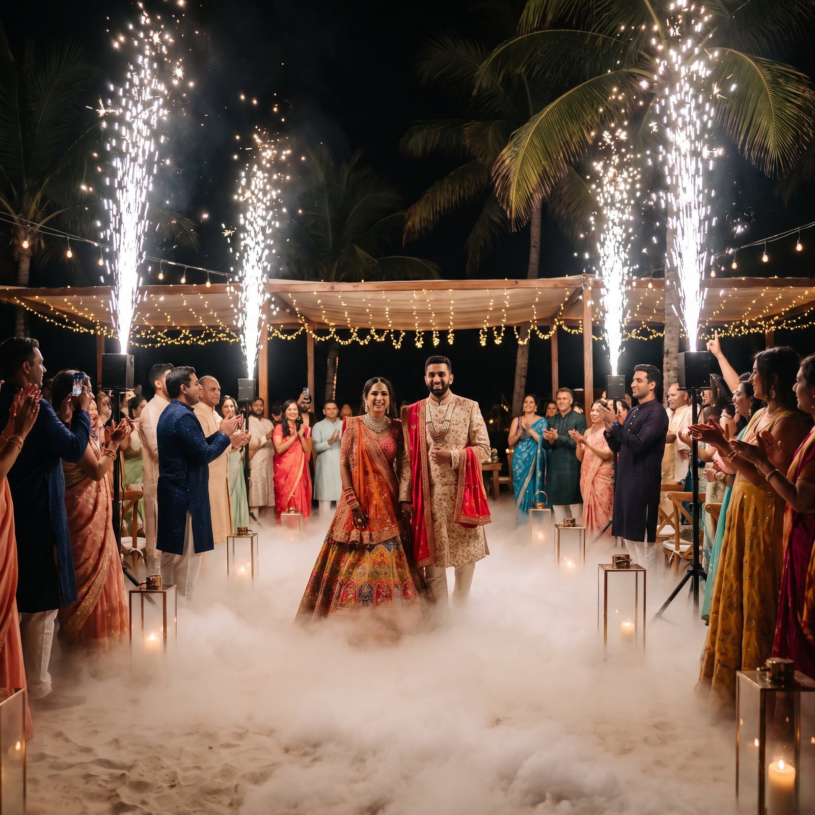 Cold sparks and low fog around a couple and their guests at a South Asian wedding reception