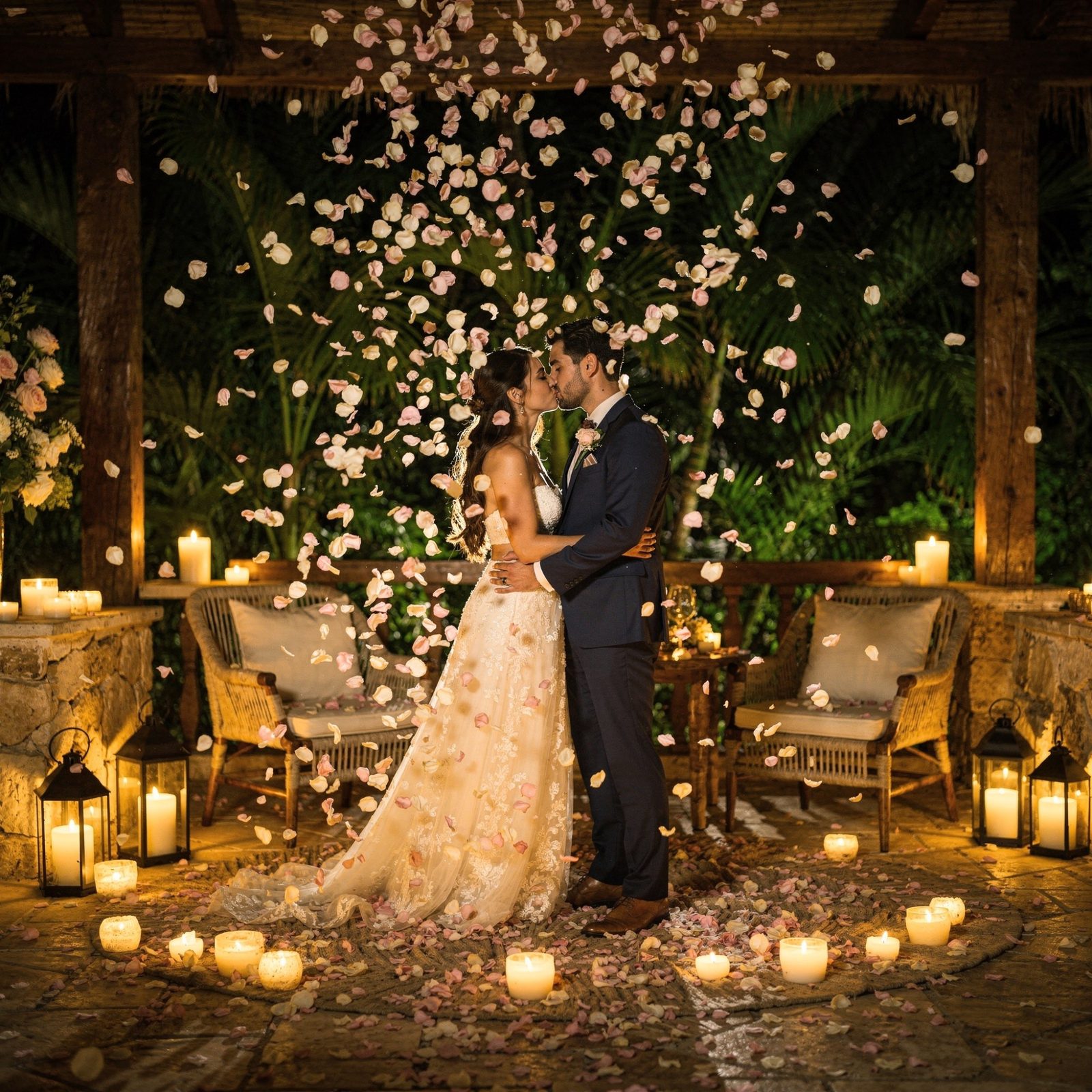 Pétalos de rosa blancos cayendo alrededor de los novios besándose bajo una pérgola con velas
