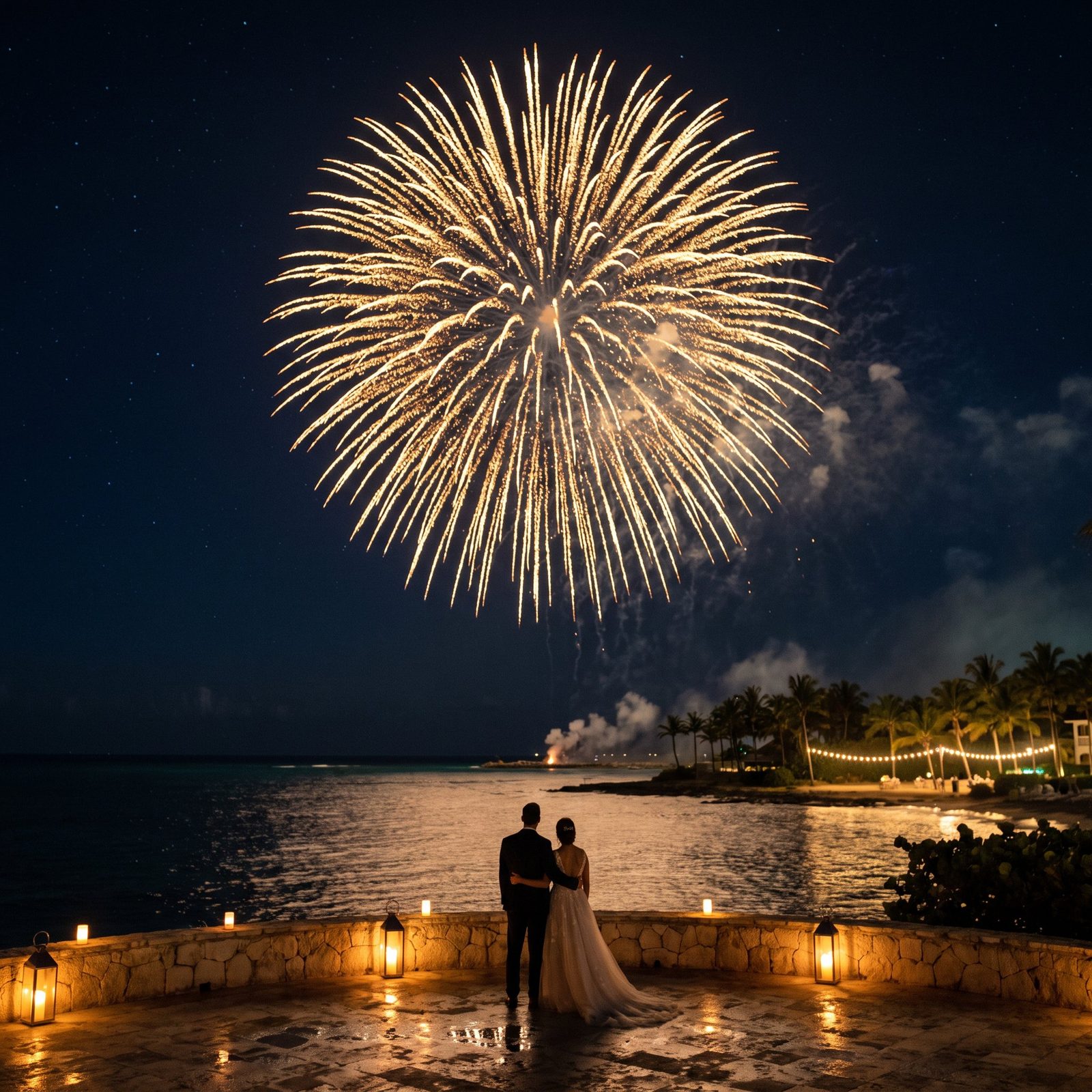 A couple standing on a beach terrace with lanterns, watching fireworks over the sea at night
