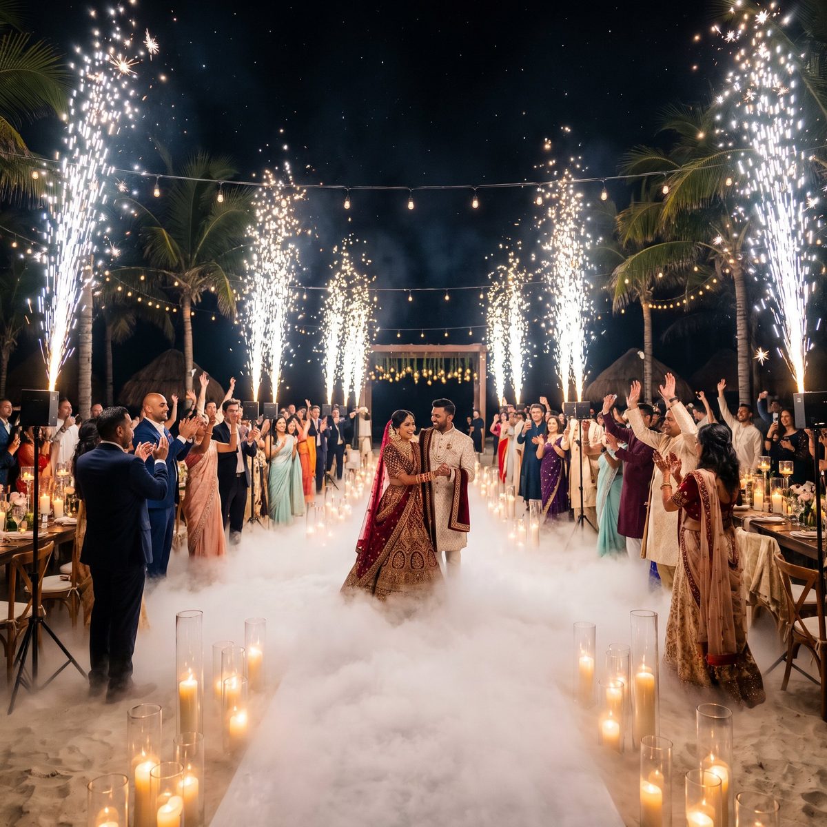 Cold sparks and low fog around a couple at a South Asian wedding reception