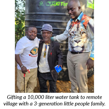 Group of African little people riding together on a community bicycle, symbolizing unity and mobility.