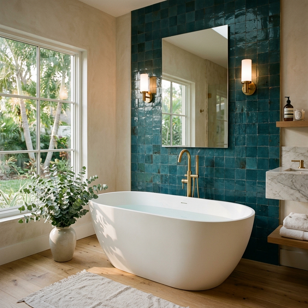 Freestanding soaking tub with Zellige tile wall