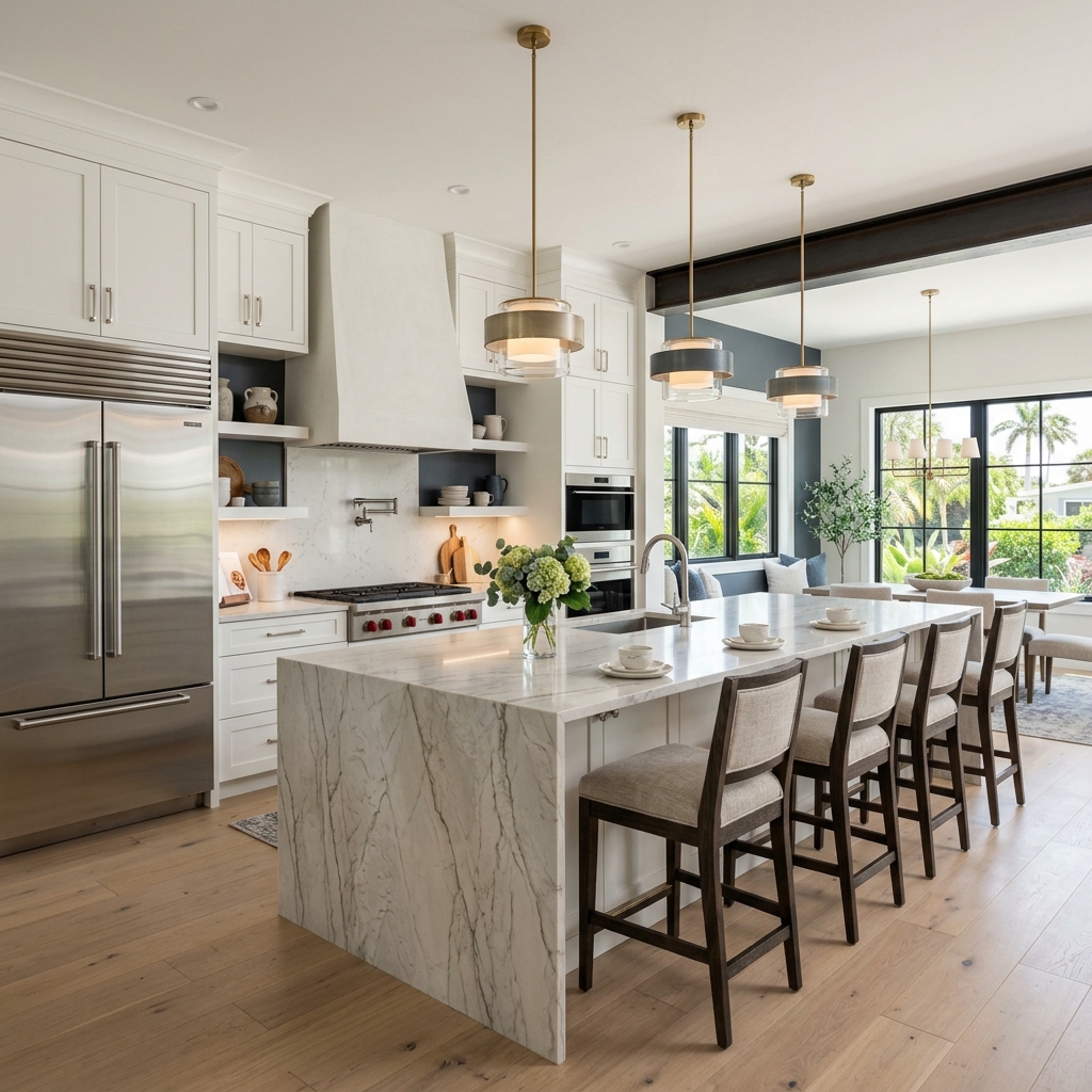 Open-concept quartzite island kitchen