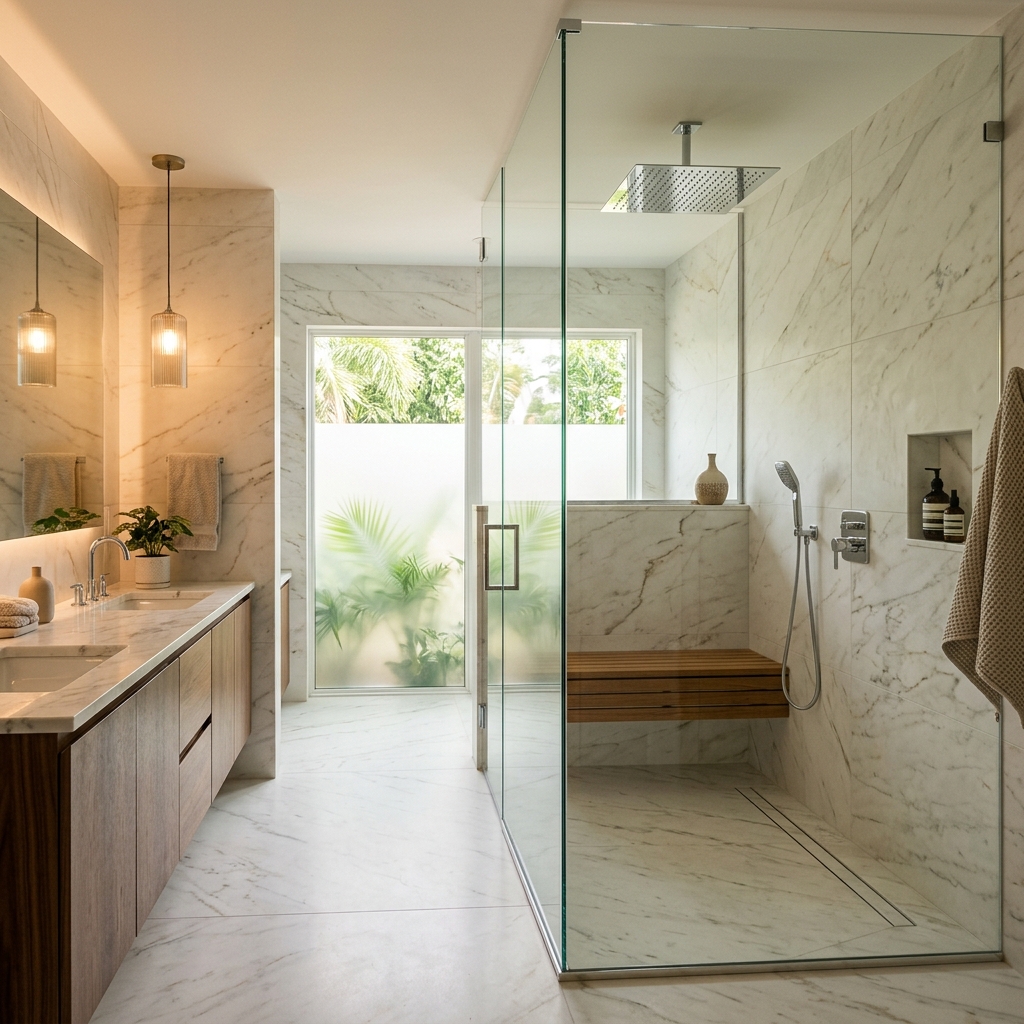 Zero-entry frameless glass spa shower