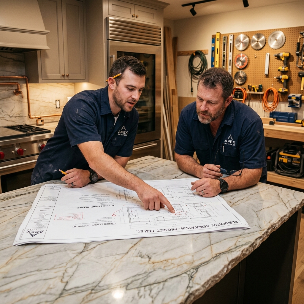 Zachary and Shane reviewing kitchen plans