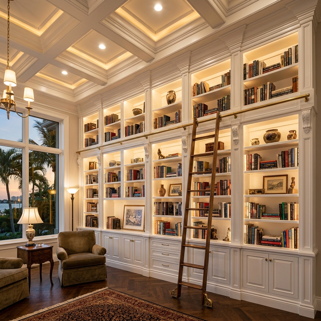 Floor-to-ceiling custom library built-ins with brass ladder