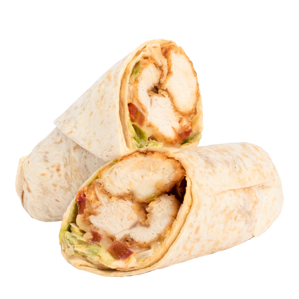 Chicken wrap with lettuce, cheese, and tomato