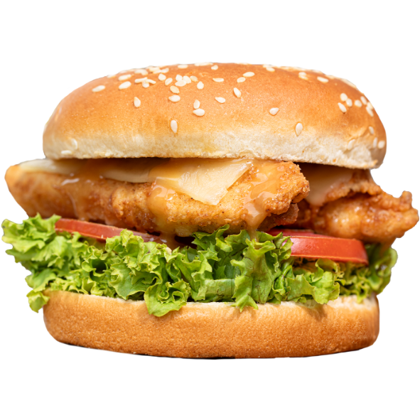 "Chicken burger with lettuce, cheese, and tomato