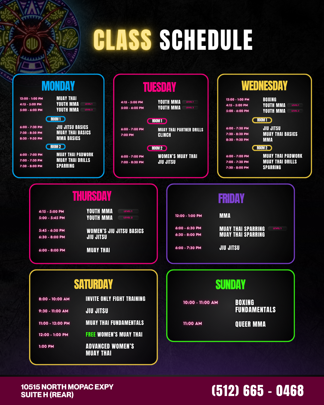 Weekly class schedule Monday through Sunday at Black Widow MMA