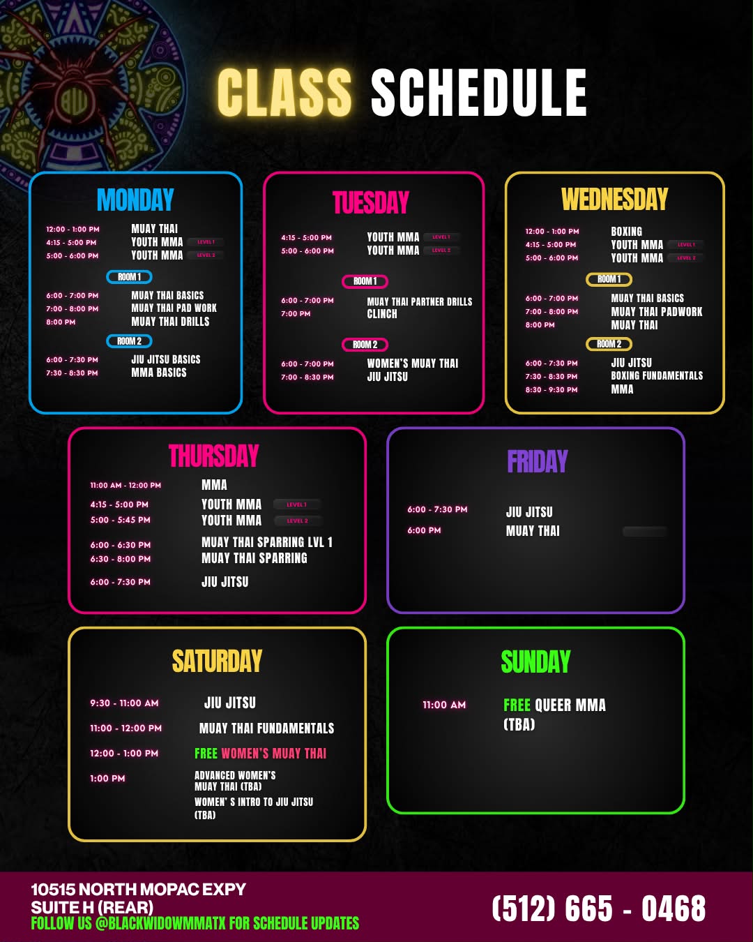 Weekly class schedule Monday through Sunday at Black Widow MMA
