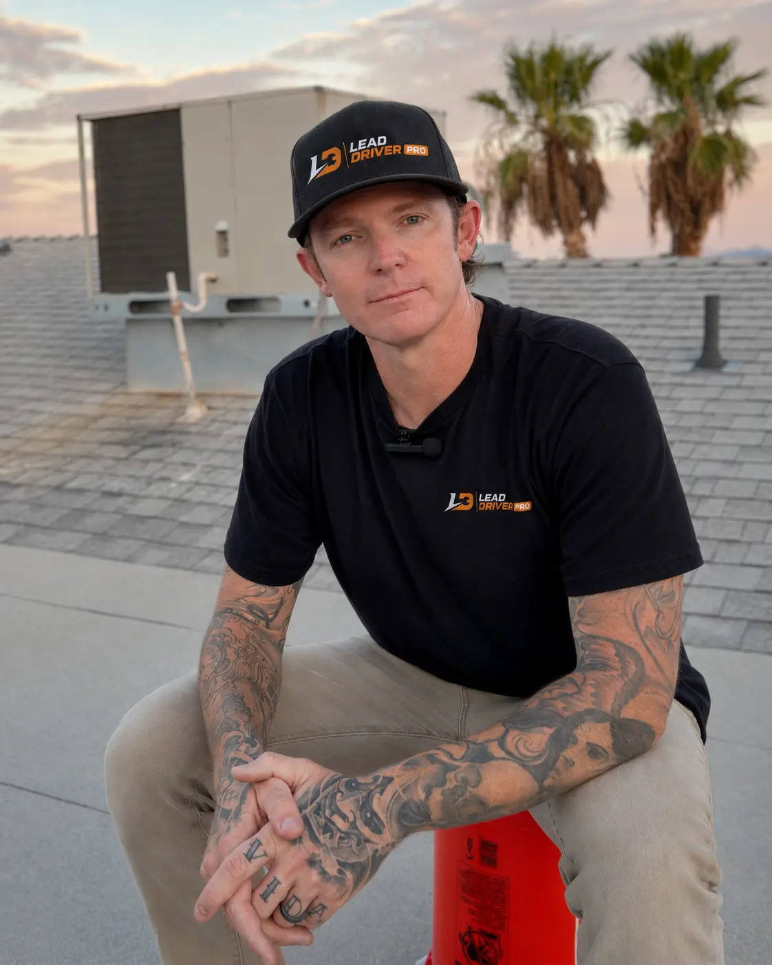Jeff Kelsheimer, LeadDriverPRO co-founder, on a rooftop next to a commercial HVAC package unit, wearing an Integrity Optima cap